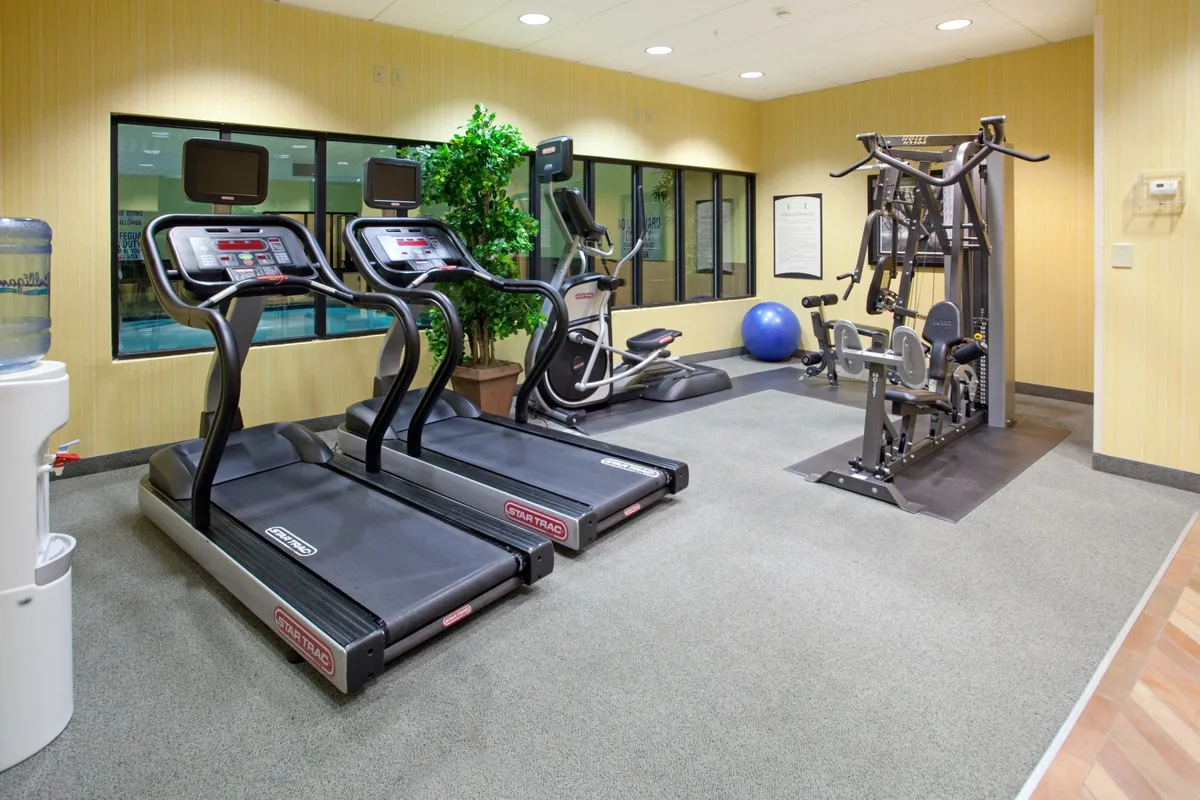 A modern fitness center featuring treadmills, an elliptical machine, a weight machine, water cooler, and exercise ball, all designed for motivating solo or group workouts.