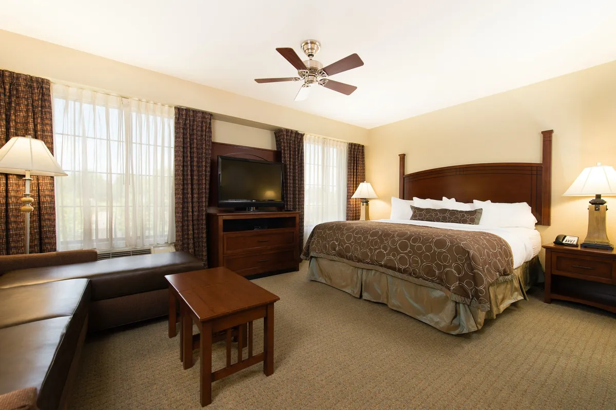 This inviting studio interior features a plush king-sized bed bathed in natural light from a large window with sheer curtains, alongside cozy wooden furnishings and a comfortable lounge area with a sofa—perfect for relaxing, unwinding, or sharing time with loved ones.