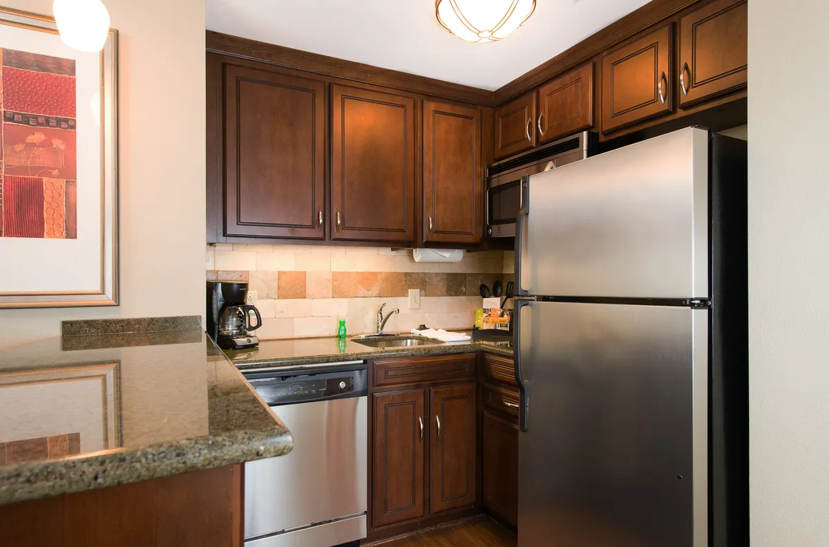 A compact yet stylish kitchen area featuring sleek kitchen cabinets, stainless steel appliances, and a granite countertop. The space exudes a cozy and modern vibe, ideal for quick meals or a morning coffee.